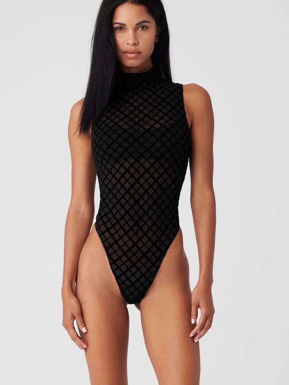 Alo Yoga Mesh Plaid Black Mock Neck Bodysuit Women's Size OS Velvet Festival